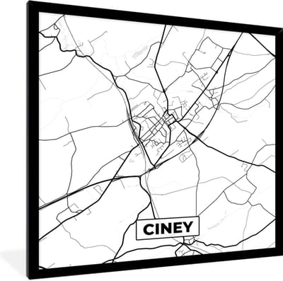 Fotolijst incl. Poster Zwart Wit- Stadskaart – Plattegrond – België – Zwart Wit – Ciney – Kaart - 40x40 cm - Posterlijst