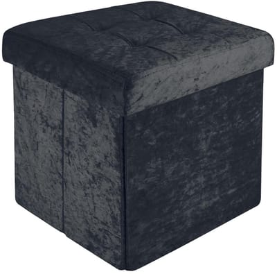 Opvouwbare poef 30x30x30 cm in fluweelzwart - Zitkubus met deksel en opbergruimte van stof met holtes - Zitkubus voetensteun opvouwbare opbergdoos kist poef
