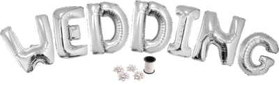 Folie ballonset zilver met letters WEDDING 102 cm + geschenklint 10m met 4 witte strikken