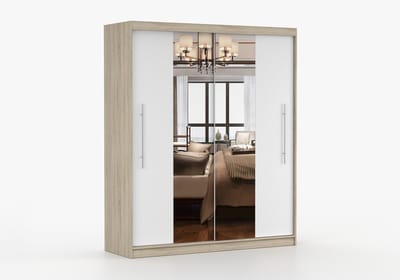 Kledingkast NICO I 203 cm - 2-deurs schuifdeurkast met spiegel en kledingstang - Garderobekast met ruime opbergruimte - Moderne kast voor slaapkamer en hal (Sonoma + Wit)
