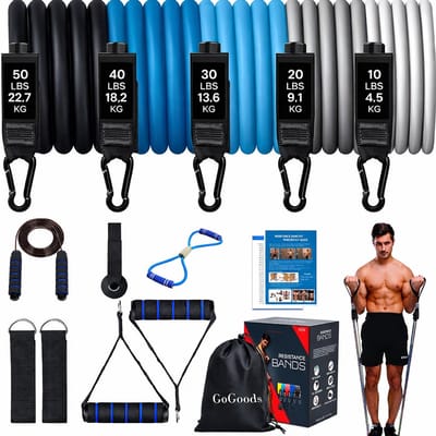 GoGoods® Resistance Band Set - Weerstandsbanden - 70kg Totaal - Fitness Elastiek met Handvaten - 15-delig - Incl. Sport Springtouw