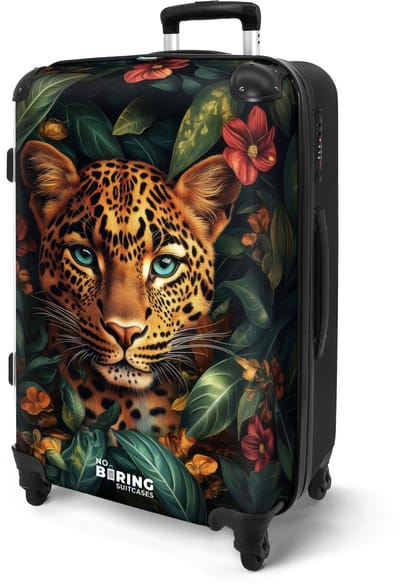 NoBoringSuitcases.com® - Koffer groot - Rolkoffer lichtgewicht - Luipaard tussen tropische bloemen - Reiskoffer met 4 wielen - Valies grote trolley XL op wieltjes - Harde reistrolley met TSA slot - 20 kg bagage - Reizen