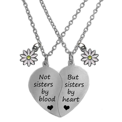 Bixorp Friends BFF Ketting voor 2 met Hartje & Bloem - Zwart - "Not Sisters by Blood but Sisters by Heart" - Vriendschaps Cadeau