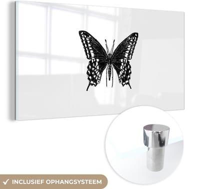 MuchoWow® Glasschilderij 40x20 cm - Schilderij acrylglas - Vlinder - Dieren - Retro - Zwart wit - Foto op glas - Schilderijen
