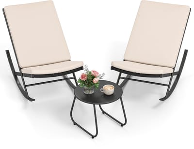 COSTWAY 3-delige schommelstoel met tuintafel, outdoor schommelstoel met dik kussen en rotan rugleuning, tuinmeubelset, relaxstoel voor balkon, tuin, veranda