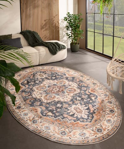 Vintage buitenkleed ovaal - Valenca Fino goud/blauw 120x160