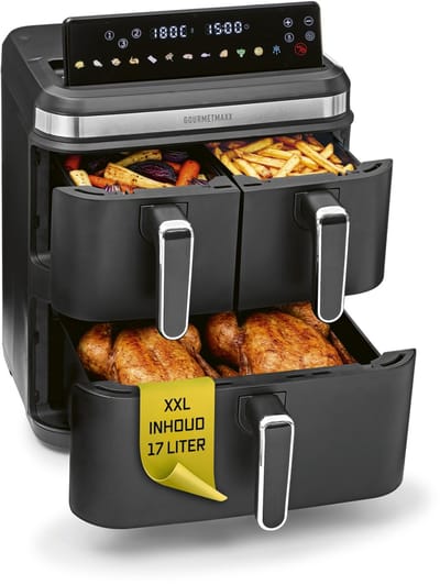 GOURMETmaxx FryUp3 Verticale heteluchtfriteuse, 3 kamers, heteluchtfriteuse XXL, 17 liter, airfryer met multi-colour inklapbaar touchdisplay, Air Fryer friteuse voor 12 personen, 12
