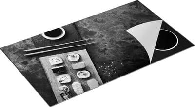 Chefcare Inductie Beschermer Sushi met Soja Saus op een Marmer - Zwart Wit - 90x50 cm - Afdekplaat Inductie - Kookplaat Beschermer - Inductie Mat
