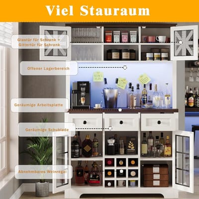 Hoge Keukenkast 120x40x180 cm met LED Verlichting, Wijnrek en Glazen Deuren – Moderne Opbergkast met Verstelbare Planken en Anti-Kantel Beveiliging – Zwart Wit – Laura