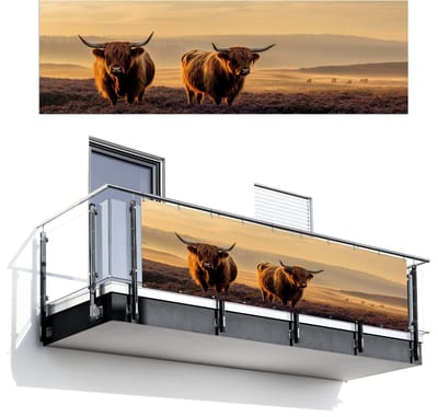 Balkonscherm 300x95 cm - Balkonposter Schotse hooglanders - Heide - Landschap - Dieren - Balkon scherm decoratie - Balkonschermen - Balkondoek zonnescherm