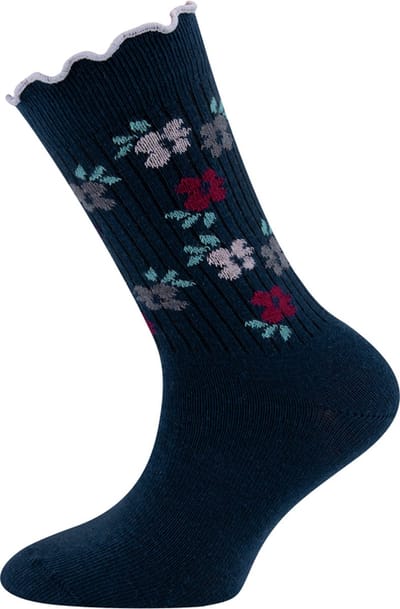 Ewers Kindersokken Meisjes - Bloemetjes en Fijne Rib - Ruche Randje - Donkerblauw -23/26