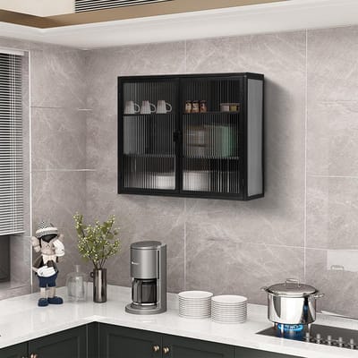 Hangende Opbergkast - Keuken Wandkast - Keuken Organiseren - Geribbeld Glasontwerp - 70 x 23 x 60cm - Zwart