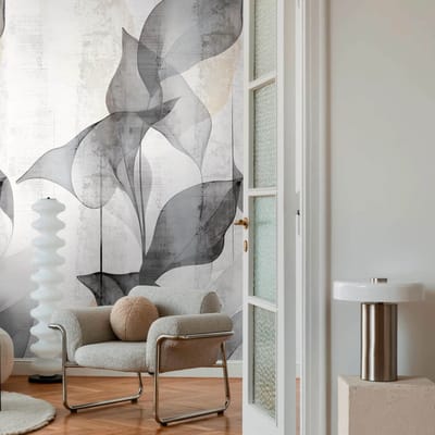 Fotobehang Profhome 791449-GU vliesbehang hardvinyl warmdruk in reliëf licht gestructureerd met bloemmotief mat grijs wit beige 1,59 m x 2,8 m