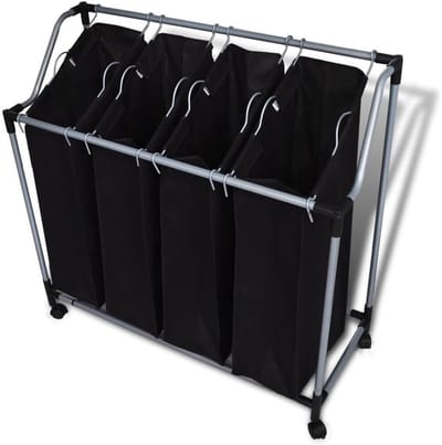 Wasmand met vakken - Wassorteerder organizer - Was sorteren thuis - Vier aparte zakken - 96 x 40 cm - Zwart
