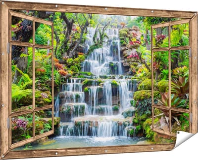 Gards Tuinposter Doorkijk Tropische Waterval in Thailand - 180x120 cm - Tuindoek - Tuindecoratie - Wanddecoratie buiten - Tuinschilderij