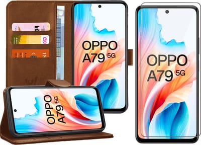 Hoesje geschikt voor Oppo A79 - Screenprotector Glas - Portemonnee Book Case Bruin