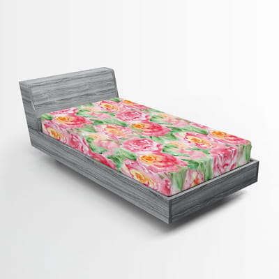 ABAKUHAUS Waterverf Bloemen Hoeslaken, Zachte Bloemenprint, Zachte Decoratieve stof met Elastische Randen, 90 cm x 190 cm, Roze-Groen