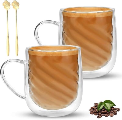 Dubbelwandig Latte Macchiato Glas van Borosilicaat, 350 ml - Ideaal voor Koffie, Thee en Cappuccino met Handvat en Lepels