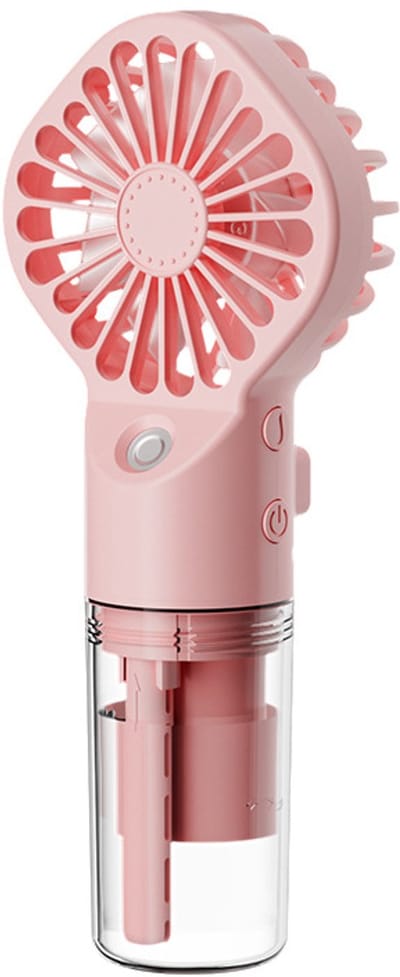 Handventilator met vernevelingsfunctie, mini en draagbaar, 4 instelbare snelheden, werkt op batterijen, compact en draagbaar, geschikt voor reizen, vakantie, kantoor en kamperen (roze).