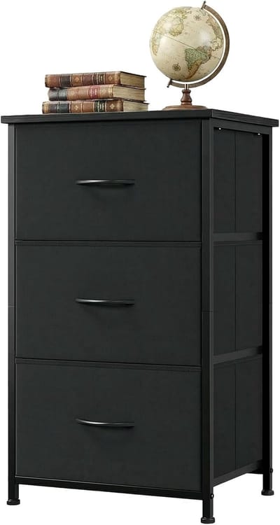 Moderne Ladekast met 3 Stoffen Laden - Compacte Commode met Houten Bovenblad - Nachtkastje voor Slaapkamer, Woonkamer & Hal - Zwart - 75 cm Hoog