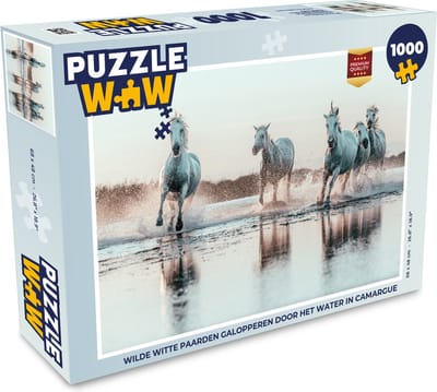 Puzzel Wilde witte paarden galopperen door het water in Camargue - Legpuzzel - Puzzel 1000 stukjes volwassenen