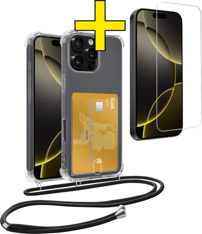 Hoesje Geschikt voor iPhone 16 Pro Telefoonhoesje Met Koord Case Pashouder Met Screenprotector Siliconen - Hoes Geschikt voor iPhone 16 Pro Hoesje Met Kaarthouder - Transparant