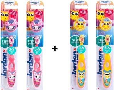 Jordan Tandenborstel Step By Step 3-5 jaar Roze/Geel - 4 stuks
