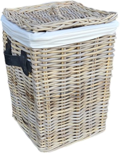 Rieten Wasmand Klein 34cm | Deksel & Linnen Voering | Zwarte Leren Handgrepen | Handgemaakt Indonesië
