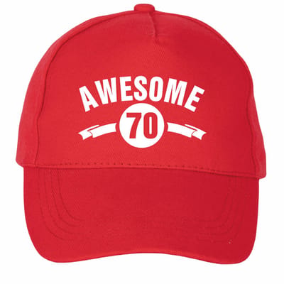 Mijncadeautje - 5 panel - Cap - Verstelbaar - Pet van 100% dik geborsteld katoen- unisex - opdruk wit - Awesome 70 jaar - rood