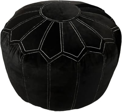 Marokkaanse Zacht Fluwelen Poef – Zwart – Ø 50 cm – Oversized Ronde Poef / Sidetable – Geborduurd Bloemmotief - Bijzettafel