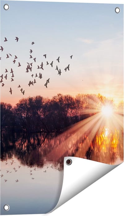 Gards Tuinposter Groep Vogels Boven de Meer met Zonsondergang - 40x60 cm - Tuindoek - Tuindecoratie - Wanddecoratie buiten - Tuinschilderij