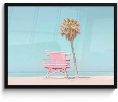 Poster in lijst - Fotolijst 70x50 cm - Posters - Palmboom - Strandhuis - Roze - Posterlijst zwart - Decoratie - Wanddecoratie woonkamer - Muurdecoratie slaapkamer