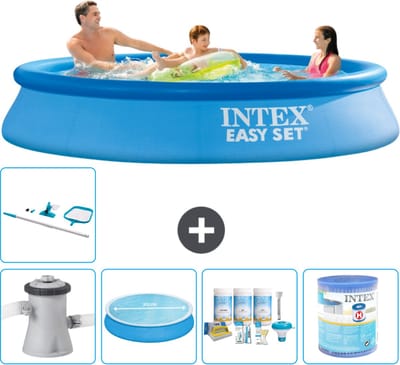 Intex Rond Opblaasbaar Easy Set Zwembad - 305 x 61 cm - Blauw - Inclusief Pomp - Solarzeil - Onderhoudspakket - Filter - Schoonmaakset - 6-delig
