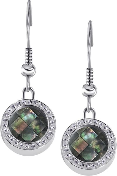Quiges RVS Schroefsysteem Oorhangers Oorbellen Zilverkleurig met Zirkonia en Verwisselbare Grijze Blokjes Schelp Mini Munt Set - ECOS057