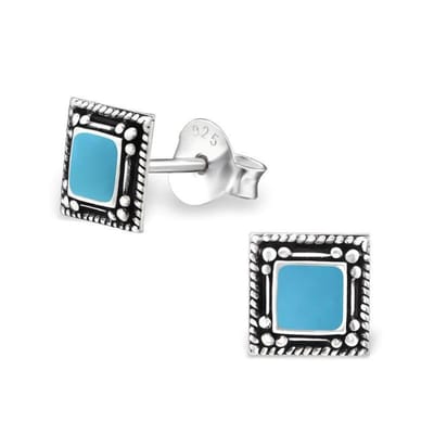 Aramat Jewels | Oorbellen | Zilveren Bali Oorstekers Geoxideerd – 8mm 925 Zilver Etnisch Boho Design | Vierkant-Blauw-6mm | | | Zilver | Kinderen, Volwassenen | Verkleurd niet