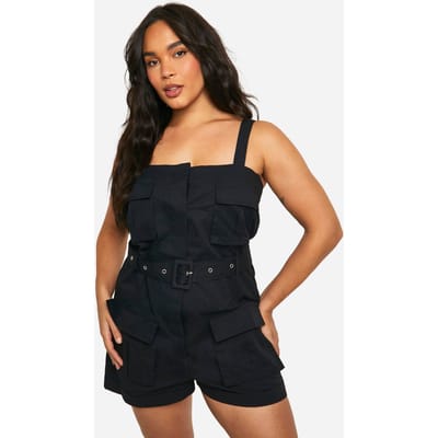 boohoo Dames Plus Utility Cargo Playsuit | Zwart | Maat: 56