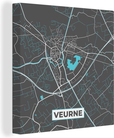 Canvas Schilderij Stadskaart – Grijs - Kaart – Veurne – België – Plattegrond - 20x20 cm - Wanddecoratie