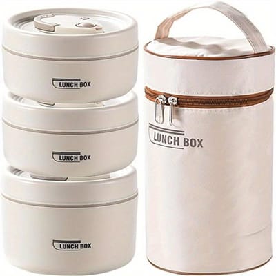 Ensemble de boîtes à lunch isothermes portables avec boîte à lunch thermique 3 boîtes à lunch empilables séparées pour enfants adultes beige