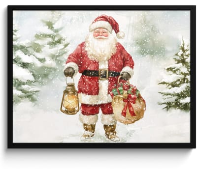 Poster in lijst - Fotolijst 80x60 cm - Posters - Kerstman- Winter - Sneeuw - Wit - Rood - Posterlijst zwart - Decoratie - Wanddecoratie woonkamer - Muurdecoratie slaapkamer - Kerstversiering - Kerstdecoratie voor binnen - Kerstmis
