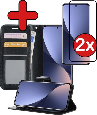 Hoesje - Met 2x Screenprotector - Geschikt voor Xiaomi 12 - Luxe Pasjeshouder - Flip Case - Bookcase Portemonee - Kunstleer Book Case - Flipcase Hoes - Book Cover - Walletcase - Portemonneehoes - Telefoonhoes - Zwart