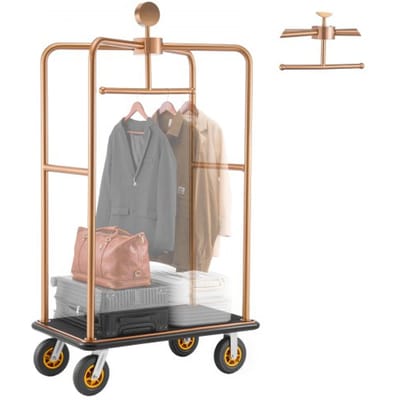 VEVOR roestvrijstalen hotelbagagewagen, 544,31 kg zware bagagewagen met 20 cm rubberen wielen, hoteltrolley met zwarte tapijt- en kledingstang, bagagewagen voor hotels en resorts, roségoud
