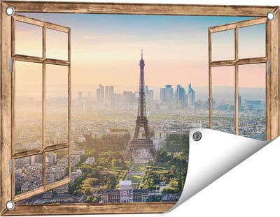 Gards Tuinposter Doorkijk Skyline van Parijs met de Eiffeltoren - 60x40 cm - Tuindoek - Tuindecoratie - Wanddecoratie buiten - Tuinschilderij