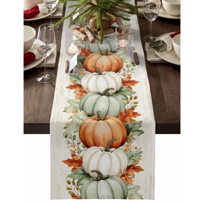 Herfstpompoenen Esdoornbladeren Linnen Tafel Runner Feestdecoratie Herbruikbare Keuken Eettafel Runner Herfst Thanksgiving Decor 150x33cm white