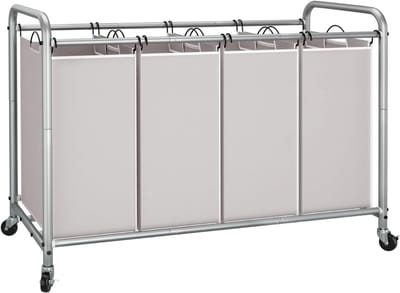 AMA® Wasmand 4 Vakken - Wassorteerder - Waszak - Bamboe Frame - Grijs - ‎100x43x80cm