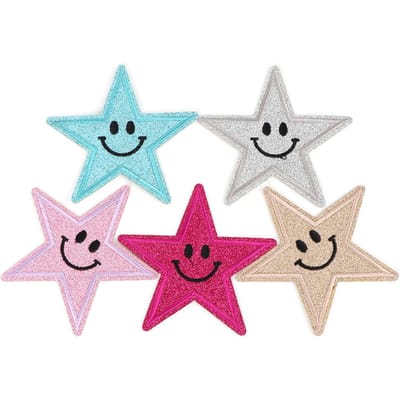 Lot de 5 patchs brodés en forme d'étoile pour vêtements, motif dessin animé, visage souriant, à coudre, décoration