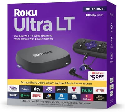 Roku Ultra LT (2023) HD/4K/HDR Dolby Vision Quad-Core streaming-speler met HDMI-kabel, hoofdtelefoon, spraakafstandsbediening met privé luisteren, Ethernet