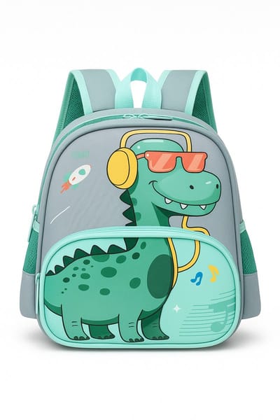 BoefieBoef Grijze Muziek Dino Kinderrugzak 14L - Grote Nylon Schooltas Basisschool J&M - Uitjes Sport - Cadeau - 36x25x16cm