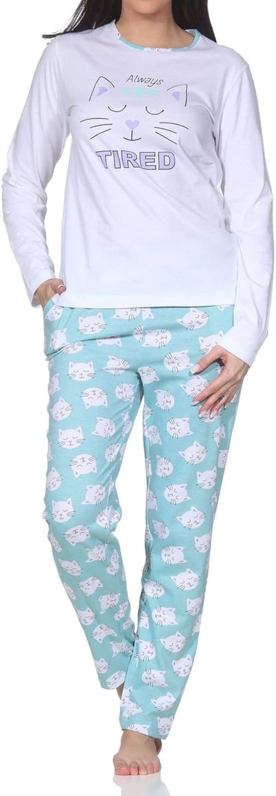 Normann dames pyjama met lange mouwen en kattenmotief – ook in grote maten
