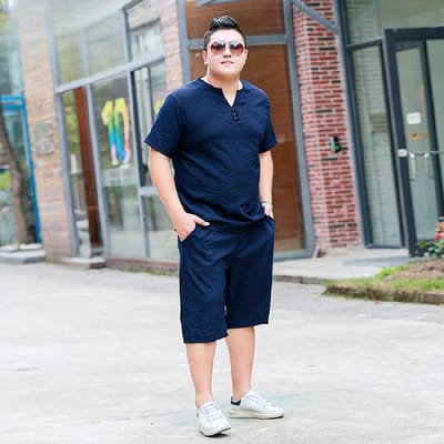 Dikke Heren Dikke Plus Size Katoen en Linnen Korte Mouwen Broekpak Linnen Dikke Man T-shirt Tweedelig Dun 6XL gray