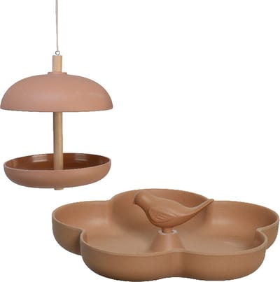 Vogel voedersilo met vogelbad - bamboe hout - terra bruin